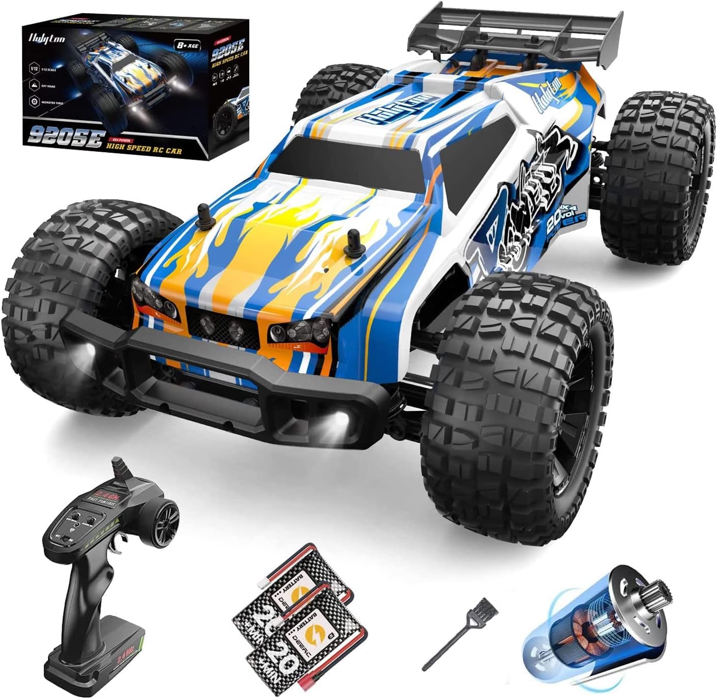 Holyton 1:10 Large High Speed Remote Control Car with LED Shell Lights, 48+ KM/H, 4WD Offroad Monster Truck for Adults & Kids, Hobby RC Truck Vehicle, 2 Battery Crawler Toy Gift for Boy. 920SE