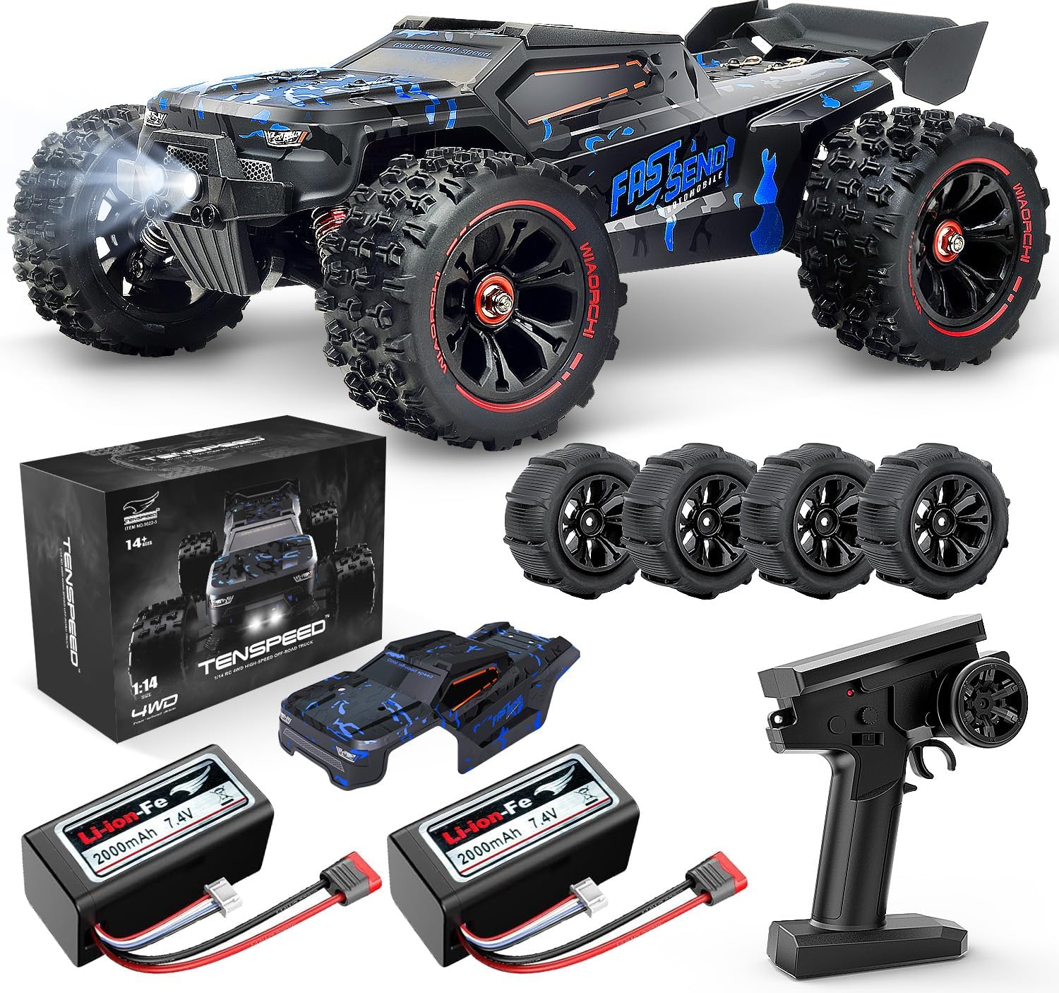 1:14 Scale RC Cars for Adults, 60KPH High Speed RC Truggy, 4X4 Off-Road Remote Control Truck, Waterproof Electric Car with 2S Battery, All Terrain RC Vehicle for Snow, Sand, Beach & Rocky Surfaces