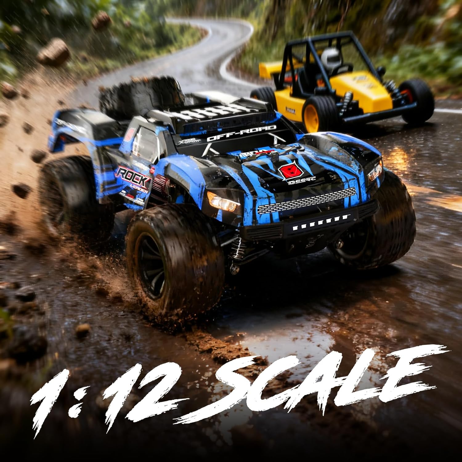 DEERC 1/12 RC Cars 45KPH, 4WD High Speed Short Course RC Truck, Off-Road All Terrain Remote Control Car with 2 Rechargeable Batteries & Spare Tire, 2.4GHz Fast RC Cars for Adults Kids Boys Gift 9006E