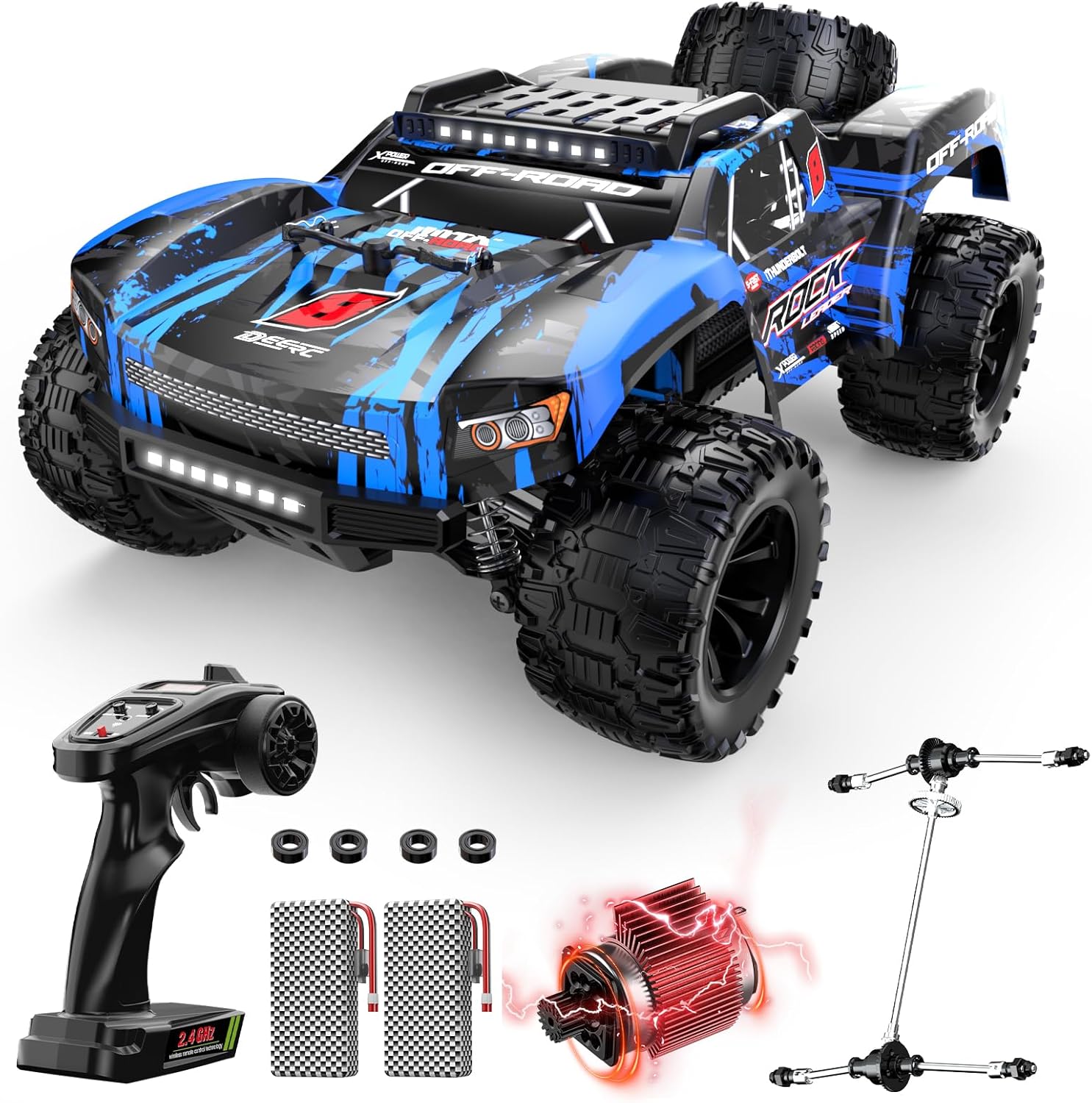 DEERC 1/12 RC Cars 45KPH, 4WD High Speed Short Course RC Truck, Off-Road All Terrain Remote Control Car with 2 Rechargeable Batteries & Spare Tire, 2.4GHz Fast RC Cars for Adults Kids Boys Gift 9006E - Image 3