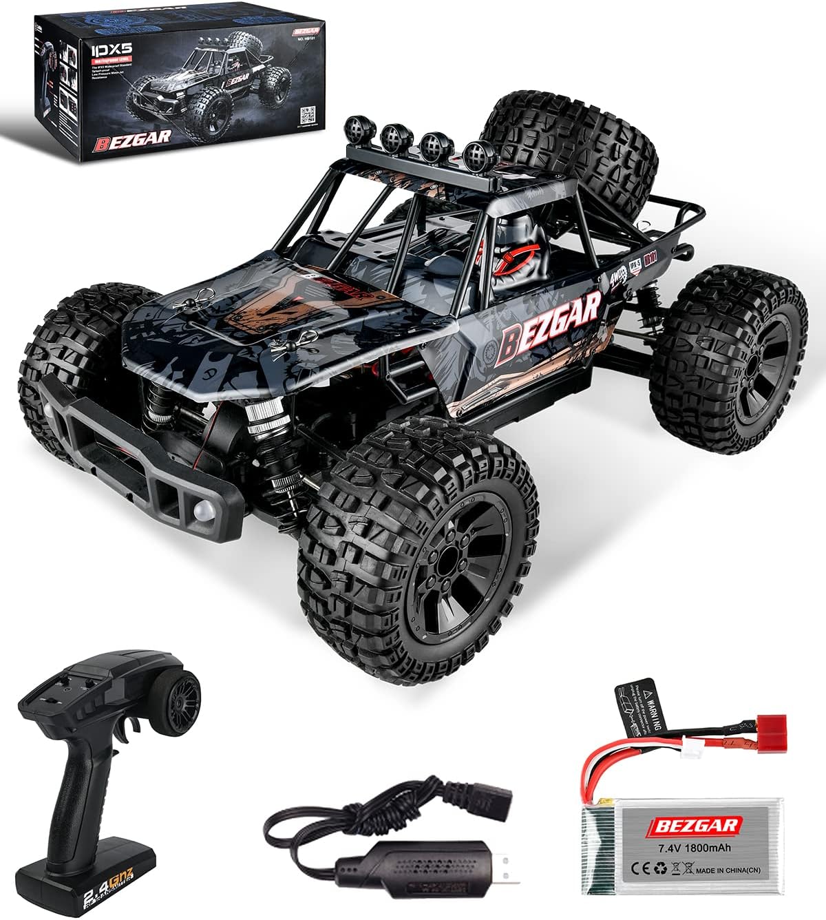 BEZGAR HB101 1:10 Scale Beginner RC Truck, 4WD High Speed 48km/h All Terrains RC Car Off Road Waterproof RC Buggy Toys for Boys Kids and Adults HB101