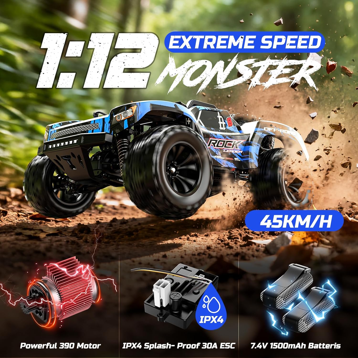 DEERC 1/12 RC Cars 45KPH, 4WD High Speed Short Course RC Truck, Off-Road All Terrain Remote Control Car with 2 Rechargeable Batteries & Spare Tire, 2.4GHz Fast RC Cars for Adults Kids Boys Gift 9006E - Image 4