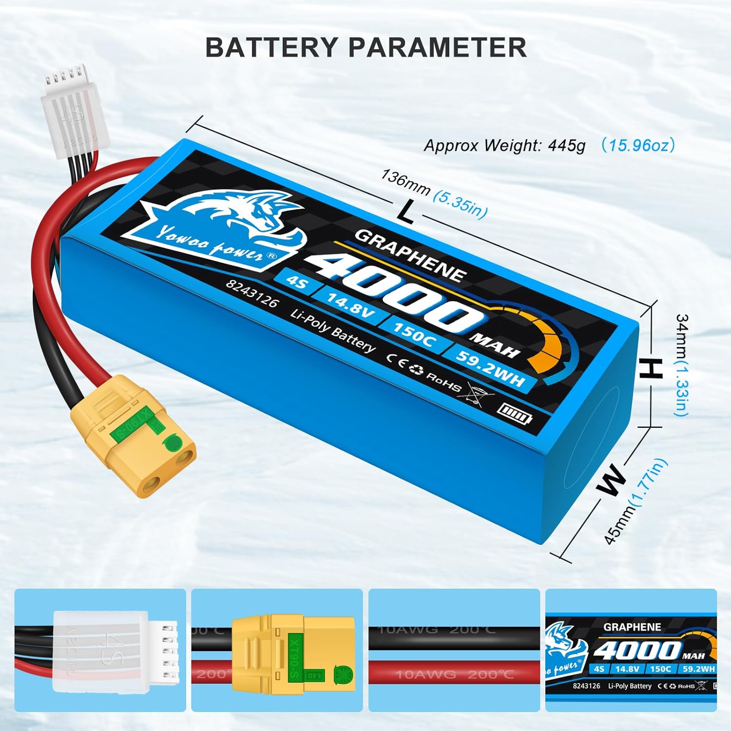 Yowoo 4S Lipo Battery 4000mAh 14.8V 150C Graphene Battery with Amass XT90S Anti-Spark Plug. (1)